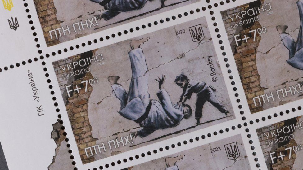 A newly-issued Ukrainian postage stamp featuring a work by UK graffiti artist Banksy. Photo: 25 February 2023