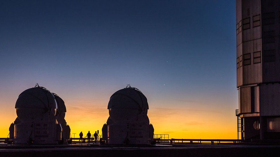 Three people standing between two large telescopes, behind three planets are visible in the night sky