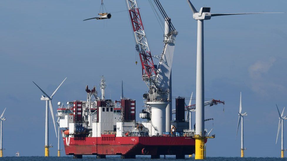 One of the final 55m turbine blades is manoeuvred into position on September 20, 2017 in Brighton, England.