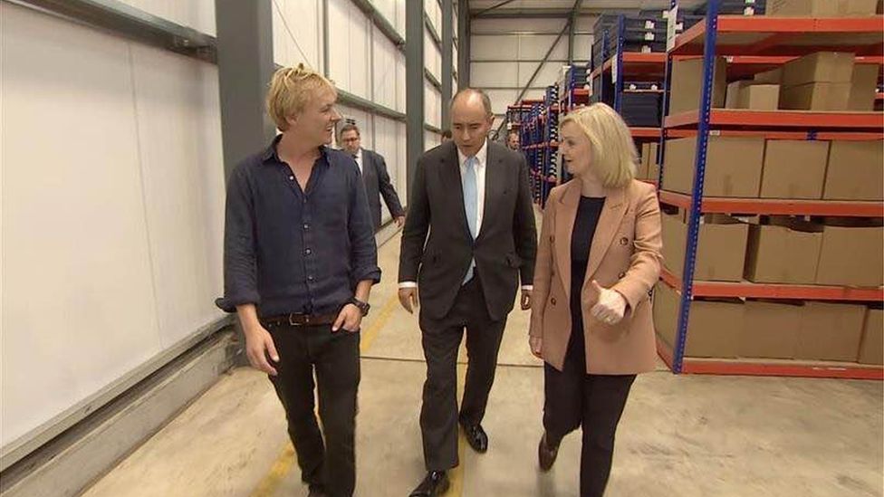 Liz Truss at the Fairfax and Favor warehouse in Snetterton, Norfolk