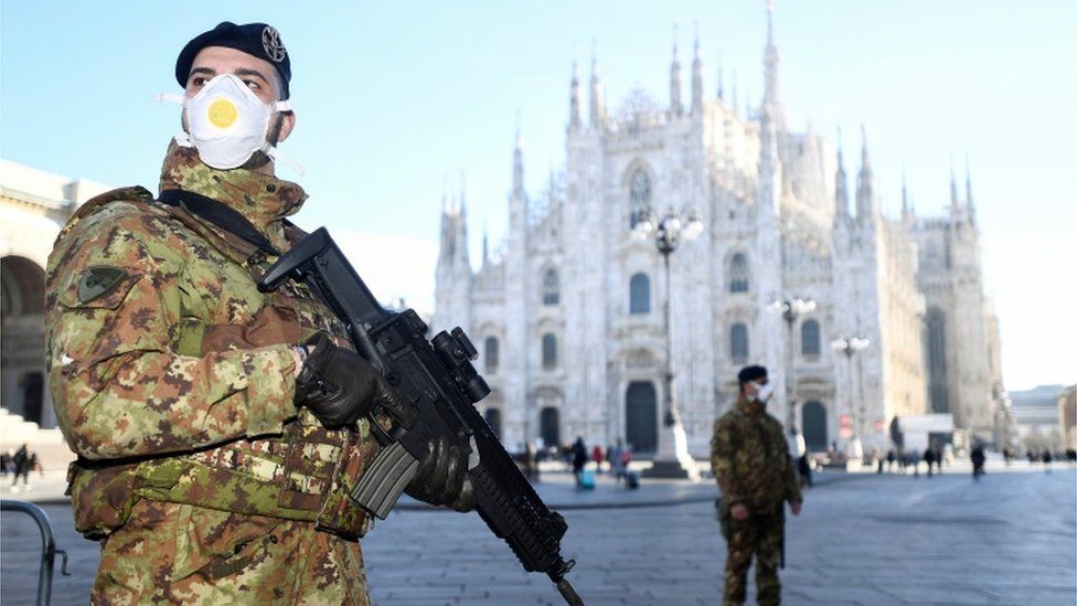 Armed Italian soldiers with face masks outside Duomo cathedral in Milan, 24 Feb 2020