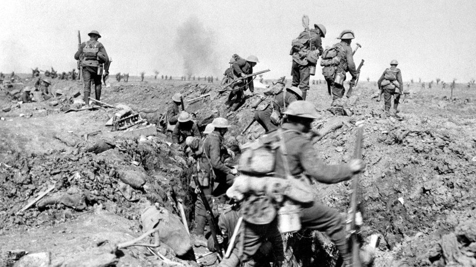 WW1 Allied troops leave a trench in France during World War One