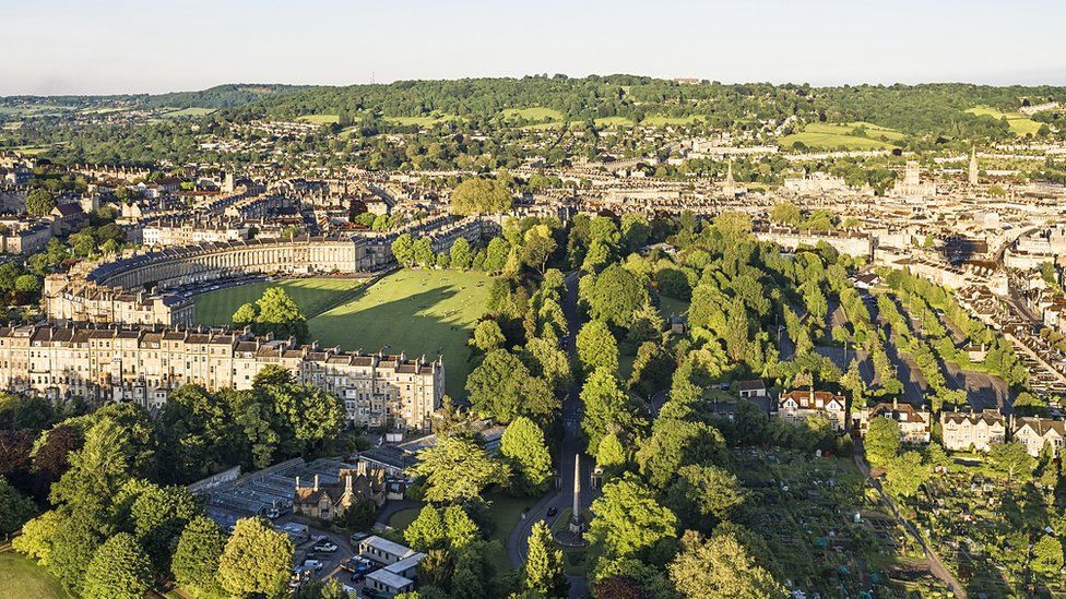 An aerial view of the centre of Bath, showing the Royal Crescent