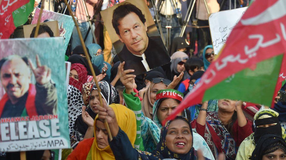 Supporters of Pakistan Tehreek-e-Insaf (PTI) political party of former Pakistani Prime Minister Imran Khan hold an anti-government rally in Karachi, Pakistan, on March 19, 2023