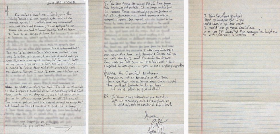 Серия фотографий, якобы показывающих тюремное письмо, написанное Тупаком Мадонне в 1995 году, выпущенное Gotta Have Rock and Roll
