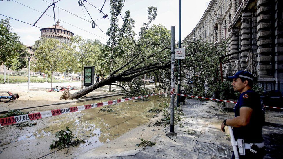 A police officer stands next to a felled tree at Castello Sforzesco after a severe storm toppled trees in Milan, Italy,