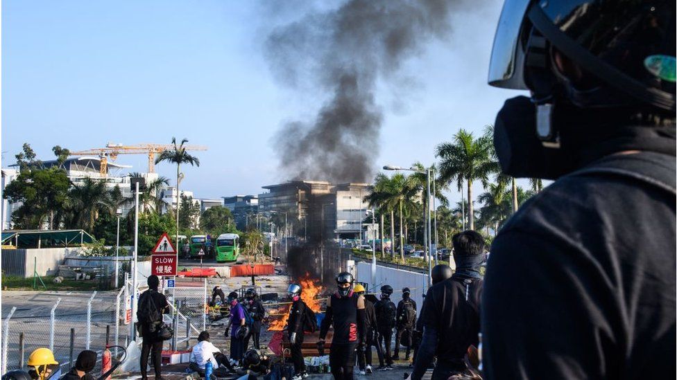 burning barricade at the Chinese University of Hong Kong (CUHK)