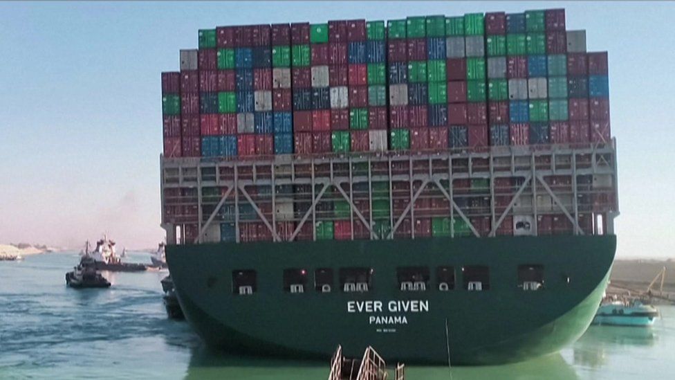 The container ship the Ever Given is seen after being dislodged from the Suez Canal