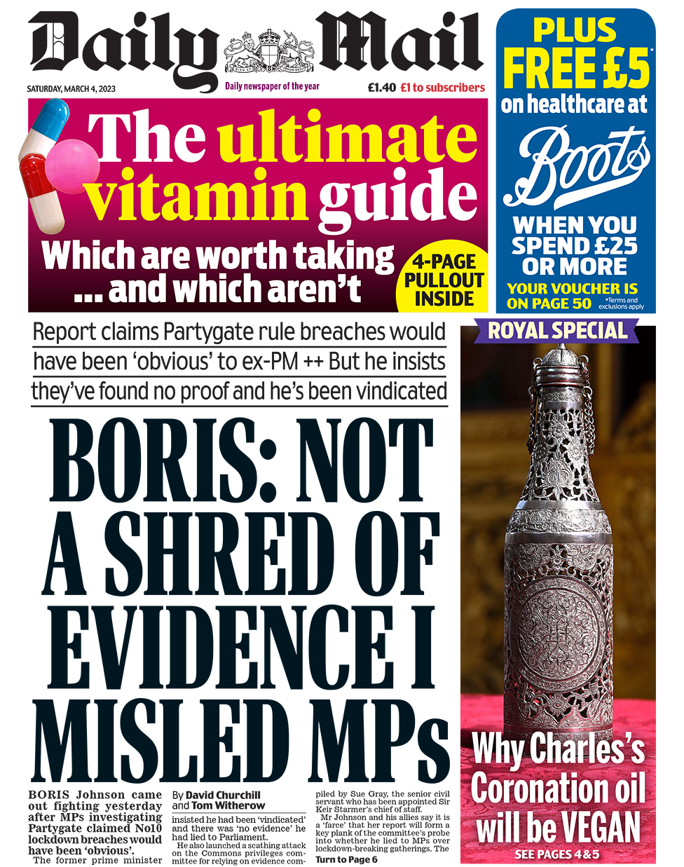 The headline in the Daily Mail reads: Boris: Not a shred of evidence I misled MPs