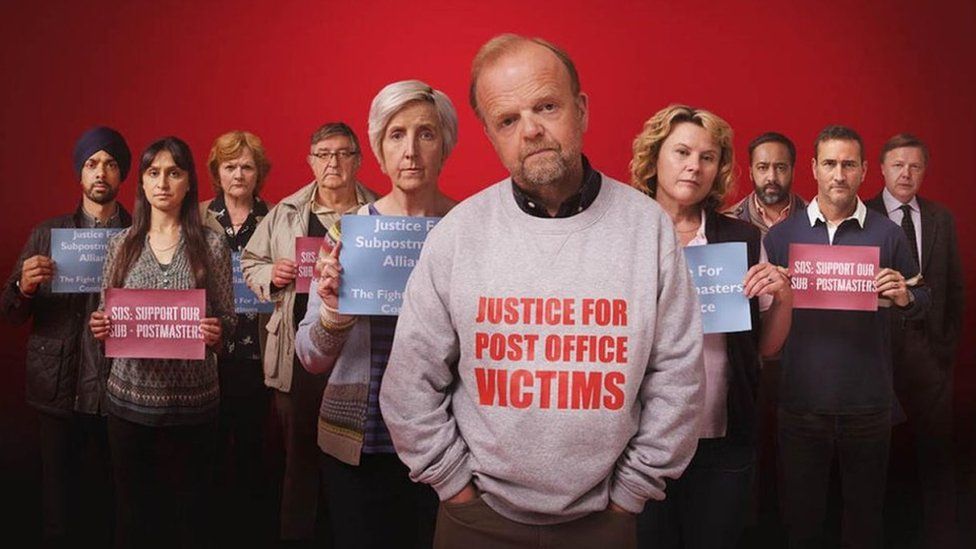 The promotional image of all the actors in ITV's drama about the Post Office scandal