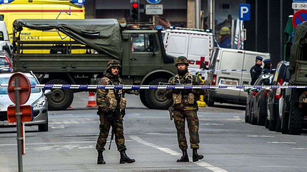 Belgian soldiers block roads after the attacks in 2016