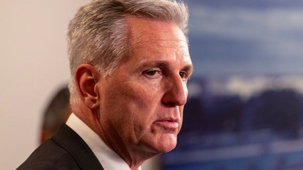 U.S. Speaker of the House Kevin McCarthy (R-CA) takes questions from the media after a closed door meeting at the US Capitol on September 29, 2023 in Washington, DC