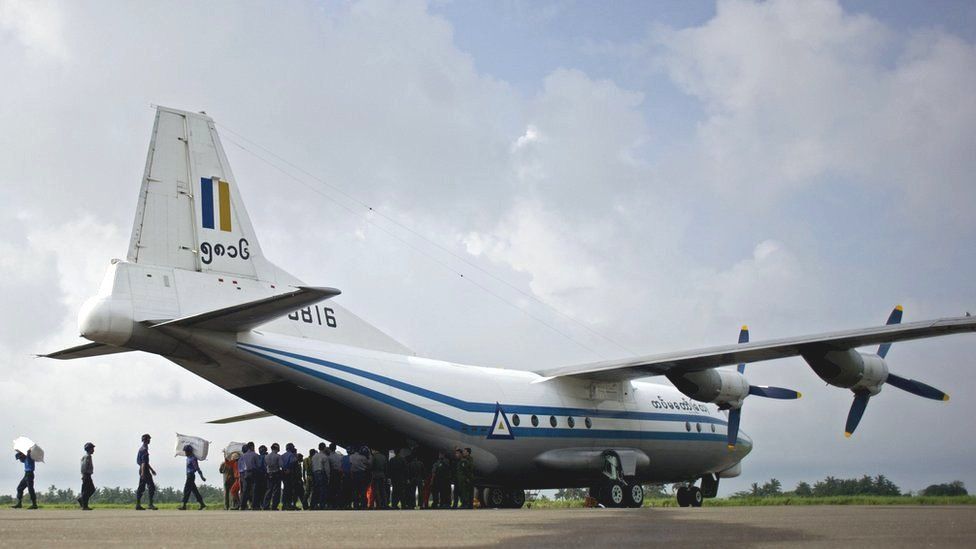 A Myanmar Air Force Shaanxi Y-8 transport aircraft being unloaded at Sittwe airport in Rakhine state, of the same type as the plane that is missing (file photo)