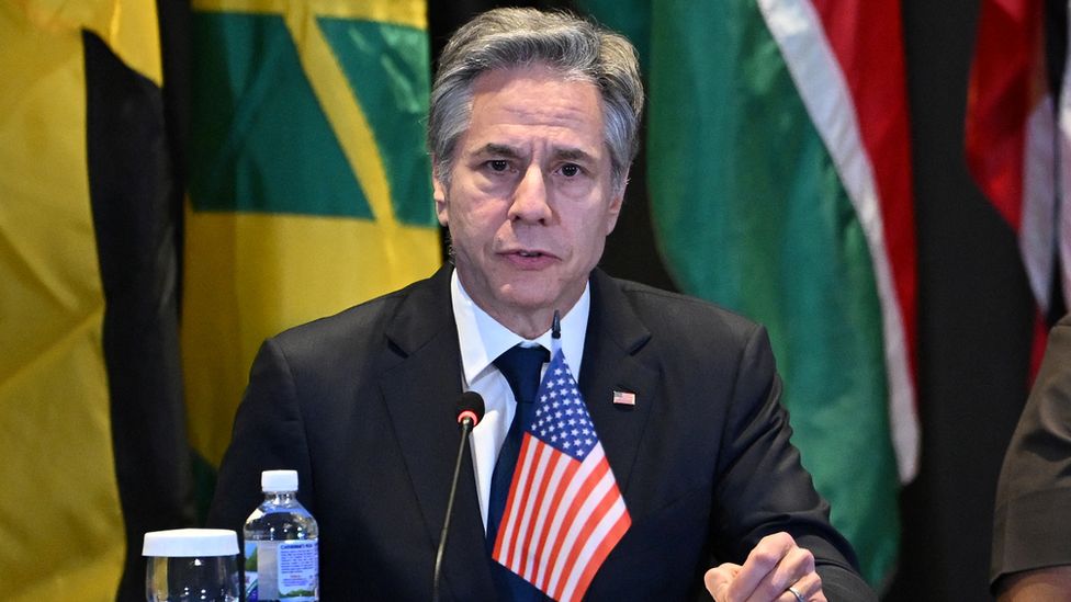 US Secretary of State Antony Blinken attends an emergency meeting on Haiti at the Conference of Heads of Government of the Caribbean Community (Caricom) in Kingston, Jamaica, March 11, 2024.