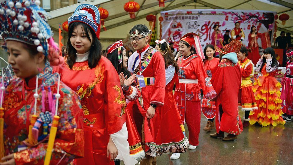 Chinese community of Glasgow dress in traditional costumes to celebrate The Year of The Monkey on February 7, 2016 in Glasgow, Scotland