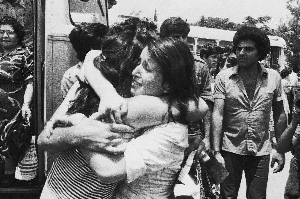 An Israeli hostage is greeted on her return to Israel after Operation Entebbe on 3 July 1976
