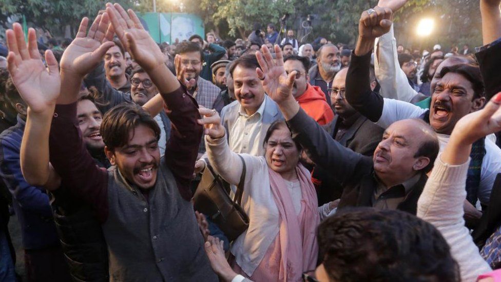 Supporters of Nawaz Sharif (not pictured), former prime minister and leader of the Pakistan Muslim League Nawaz (PMLN), react as he spoke in Lahore, Pakistan, 09 February 2024.