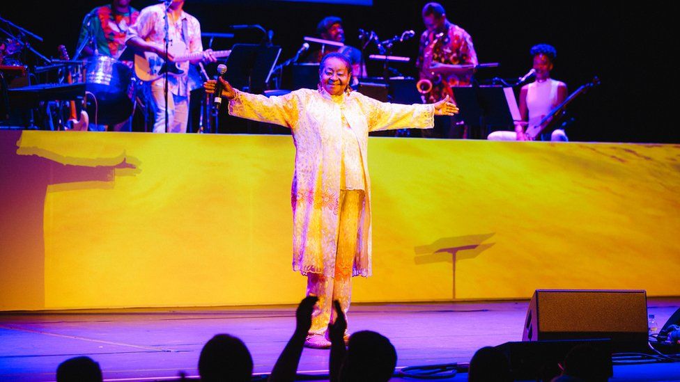 Calypso Rose on stage at the Barbican
