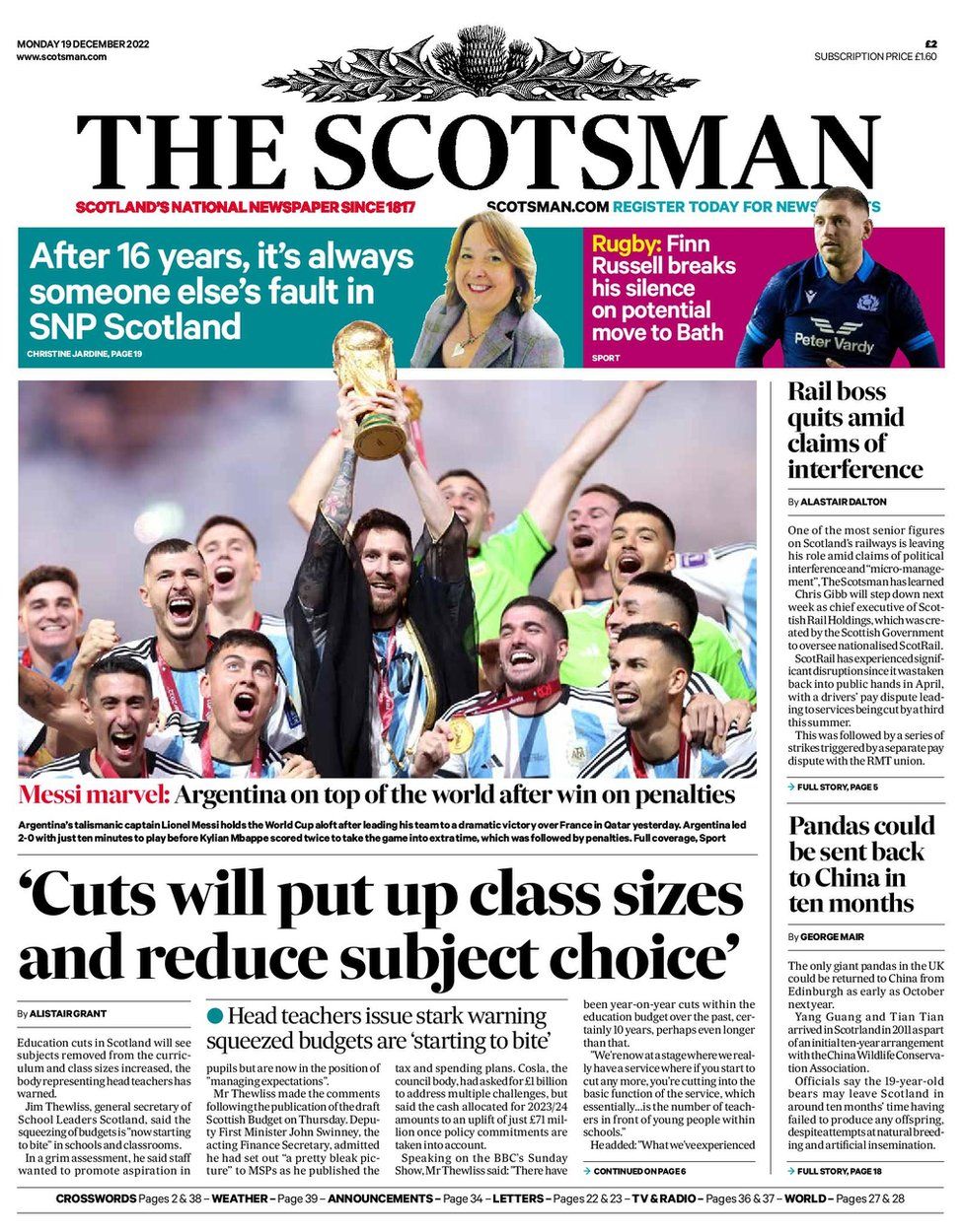 Scotland's papers: Education cuts warning and post freeze meltdown