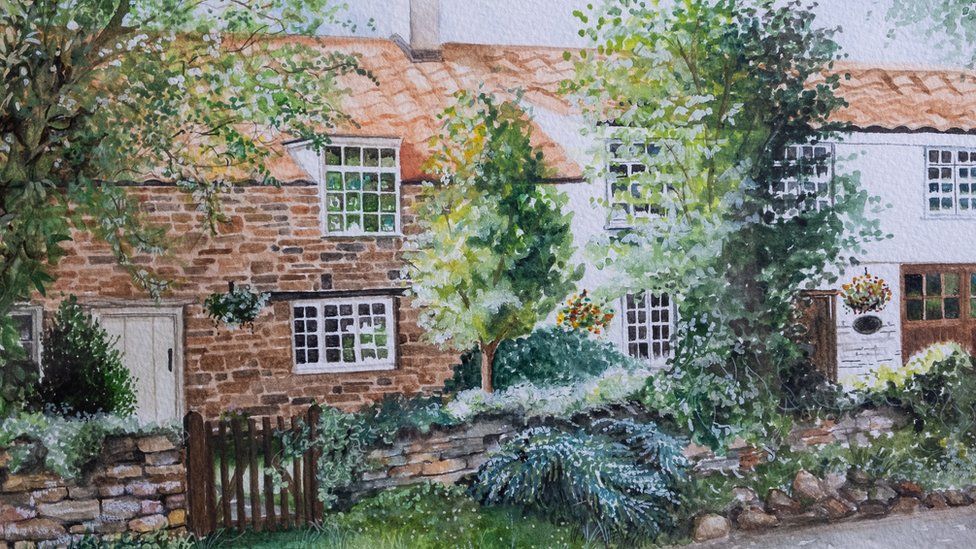 A painting of the front of Gaze Cottage.