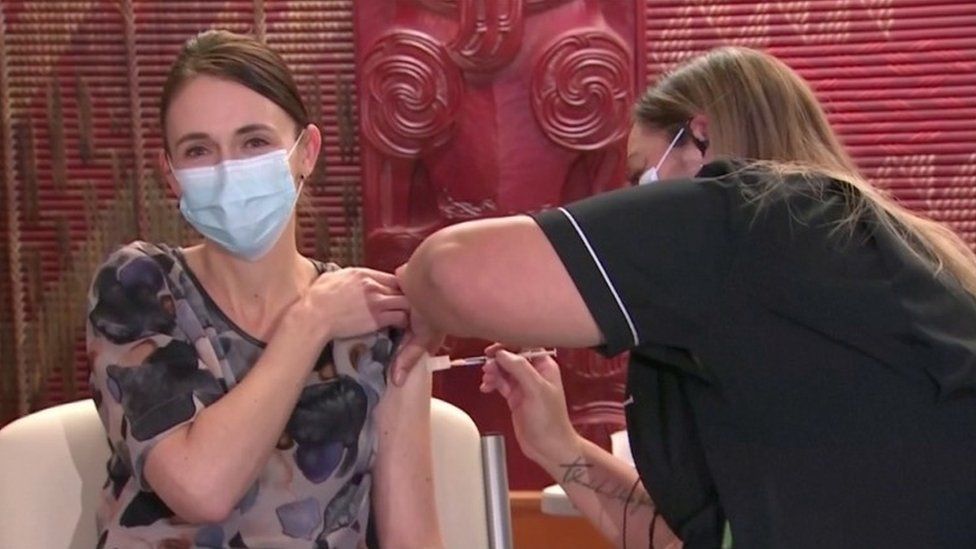 Jacinda Ardern receives her first dose of the Covid-19 vaccine in Auckland, New Zealand, June 18, 2021
