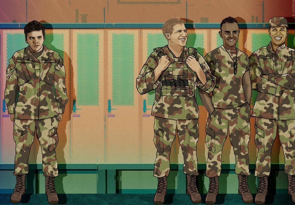 Illustration showing a locker room - one person stands apart from three others
