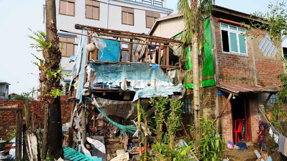 A cyclone-hit two storey building in the hit Sittke city