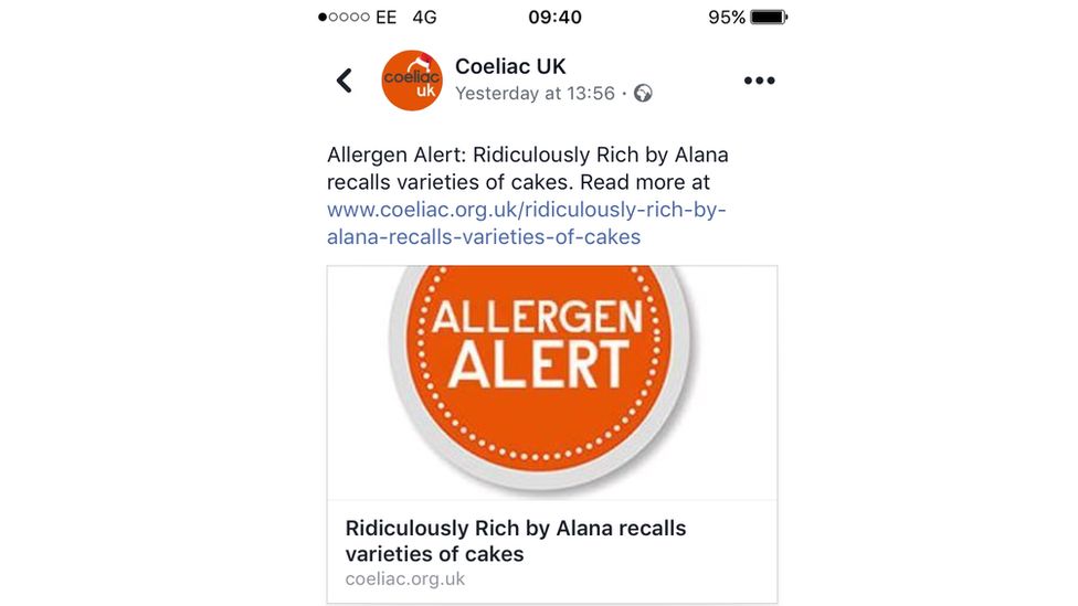 Image of Coeliac UK's allergen alert posted on twitter