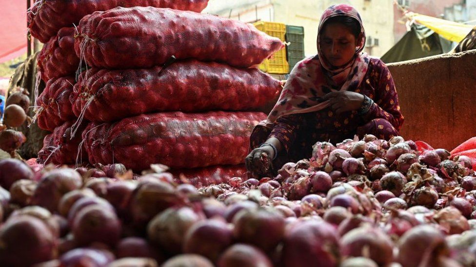 Женщина перебирает лук на овощном рынке в Дели, 30 мая 2023 г.