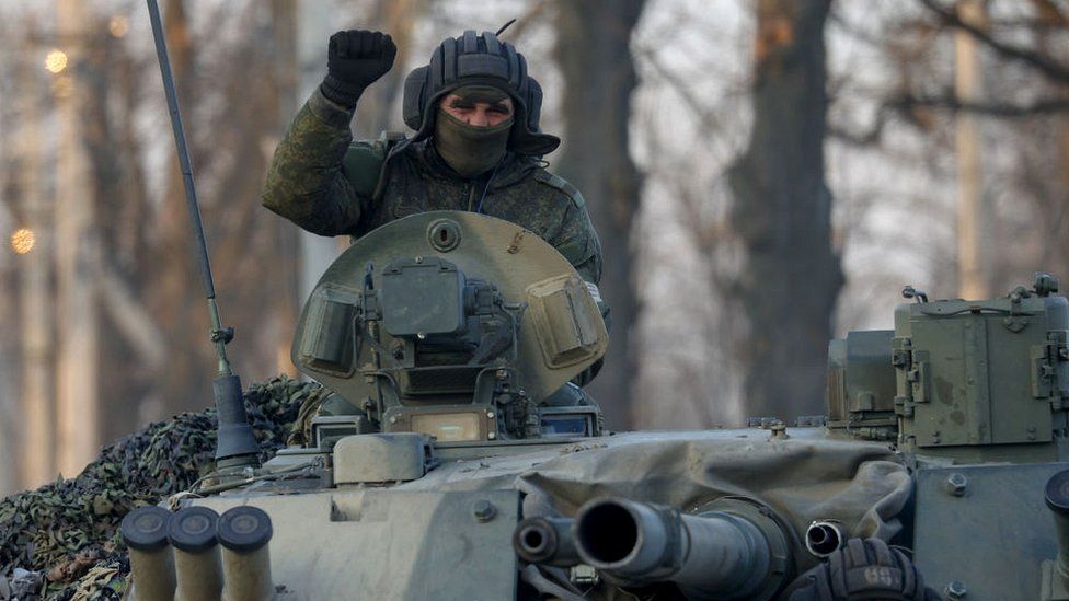 Russian soldiers are seen on a tank in Volnovakha district in the pro-Russian separatists-controlled Donetsk, in Ukraine on March 26, 2022