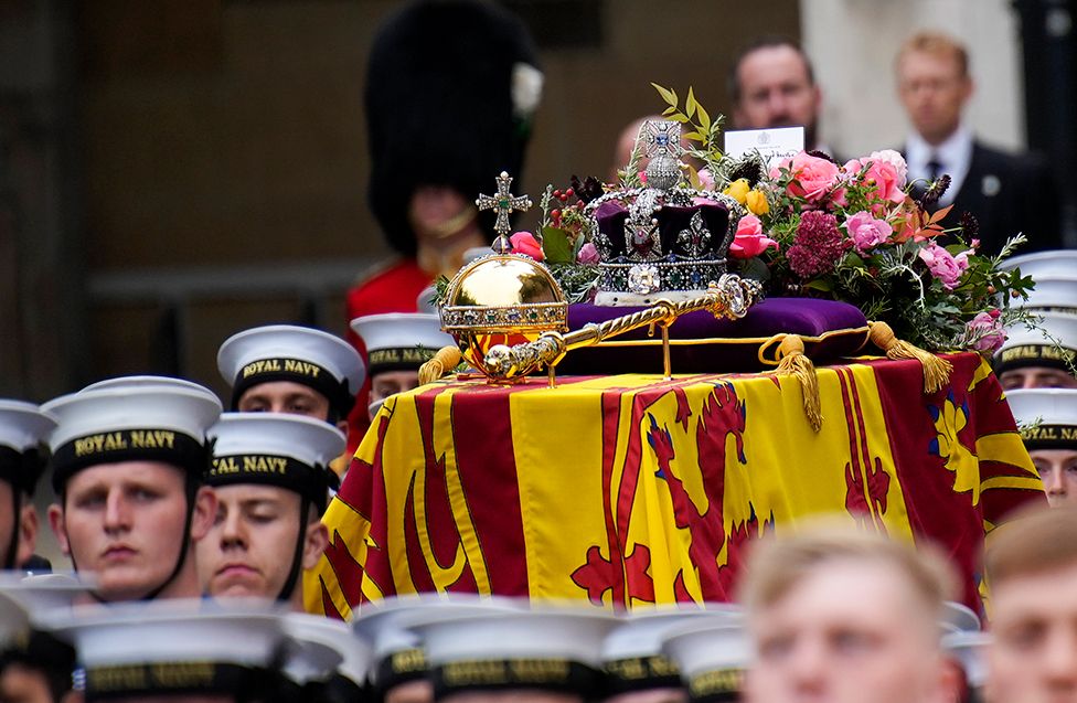 The coffin of Queen Elizabeth II is placed on a gun carriage during the State Funeral of Queen Elizabeth II at Westminster Abbey on September 19, 2022 in London, England.