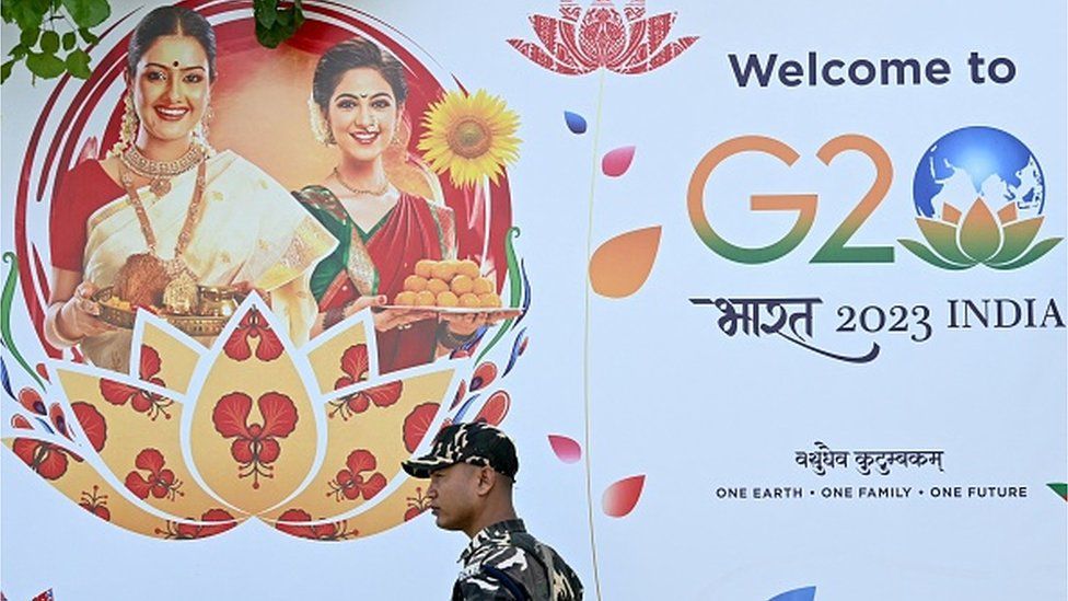A security personnel stands guard near the G20 venue ahead of its commencement in New Delhi on September 4, 2023. (Photo by Money SHARMA / AFP) (Photo by MONEY SHARMA/AFP via shabby graphics)