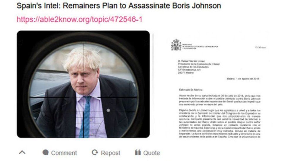 Screengrab of a social media post suggesting Spanish intelligence was aware of a Remainer plot to kill Boris Johnson