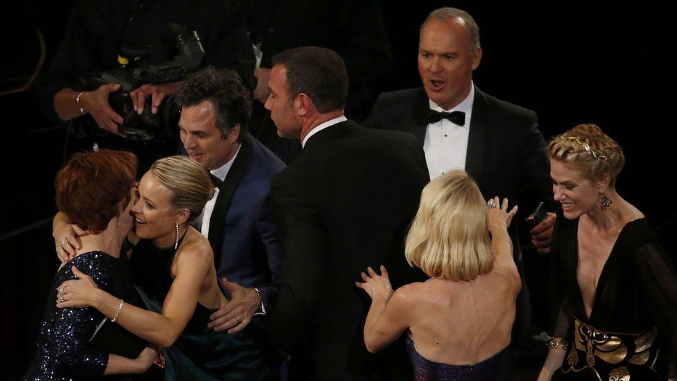 The cast of Spotlight reacting after the film won the best picture Oscar