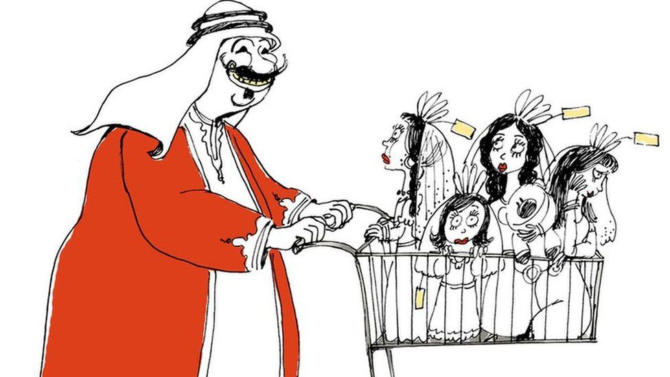 Arab man pushing shopping trolley full of women
