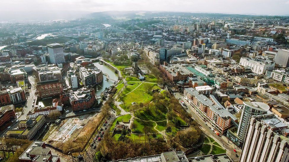 Aerial shot of Bristol city centre