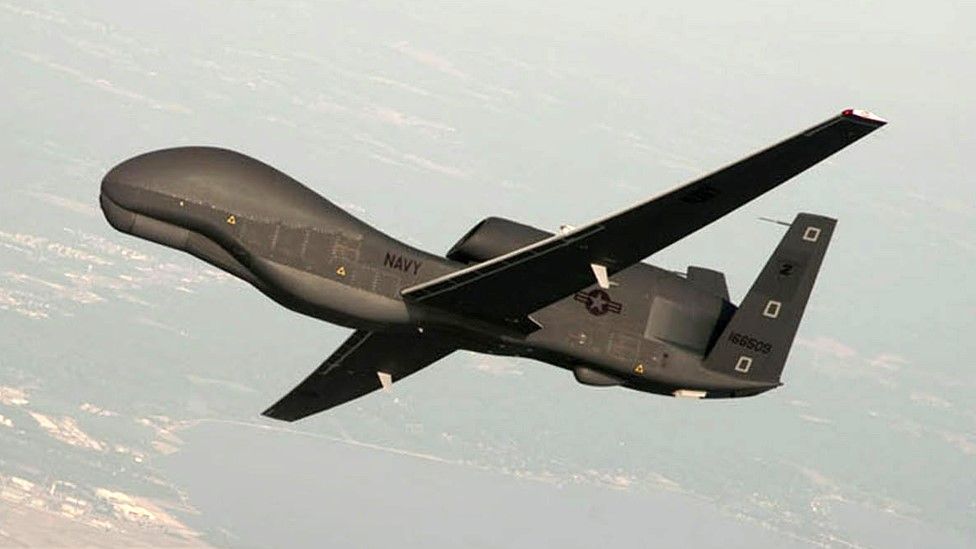 A handout photo made available by the US Navy provided by Northrop Grumman, a RQ-4 Global Hawk unmanned aerial vehicle conducts tests over Naval Air Station Patuxent River, Maryland, USA 25 June 2010