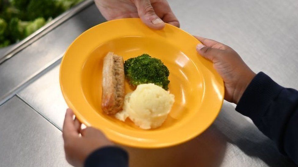 A school chef serves dinner to a pupil