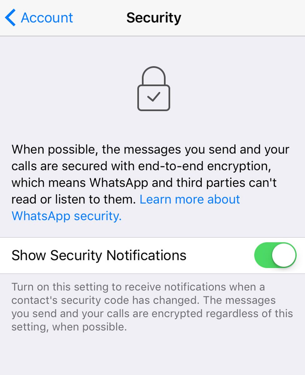 A screengrab showing WhatsApp's notifications switched on, as recommended by security experts.