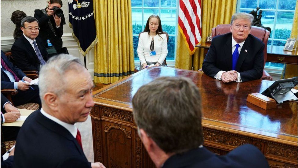 Donald Trump and China's Vice Premier Liu He in the Oval Office