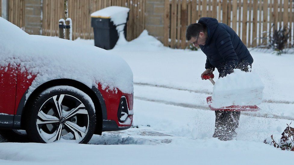 Snowy roads in Larbert, central Scotland, on 9 February 2021