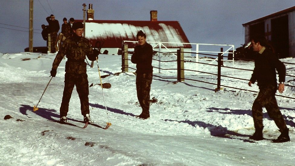 Soldiers on skis in the Falklands' snow