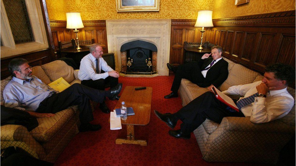 Tony Blair and Jonathan Powell meeting McGuinness and Adams in his office at the House of Commons after PMQs in 2007