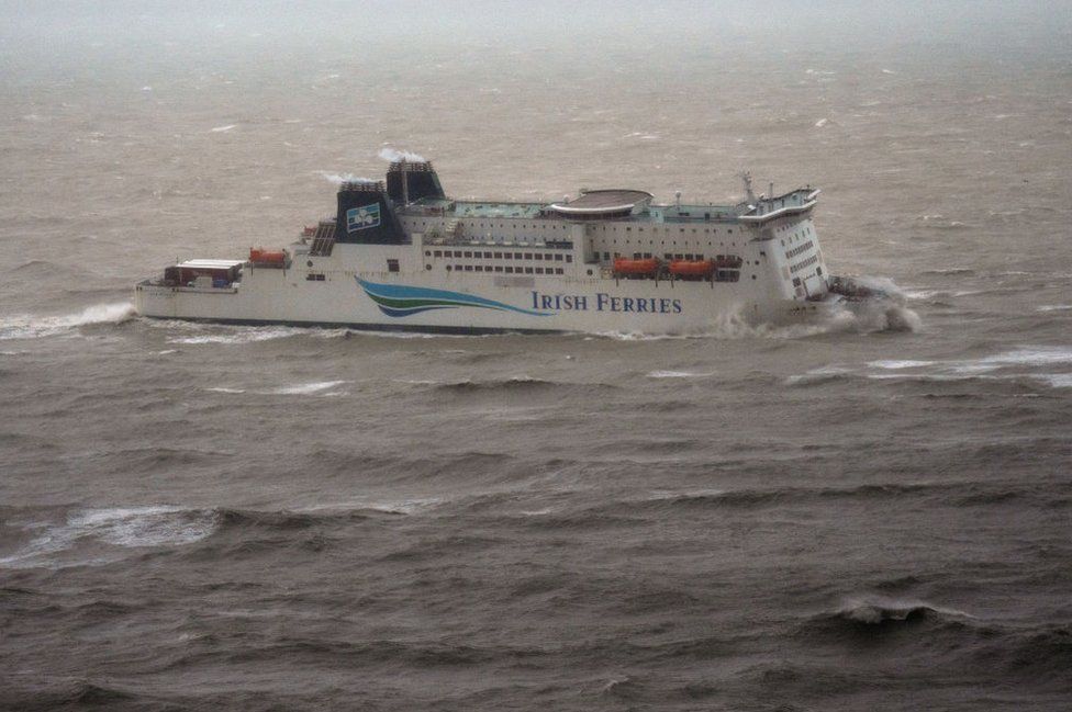 A cross-Channel ferry sails in strong winds on November 2, 2023 in Dover, England.