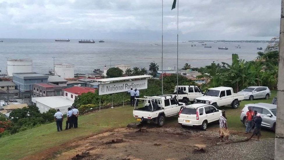 Police outside parliament in Honiara last year