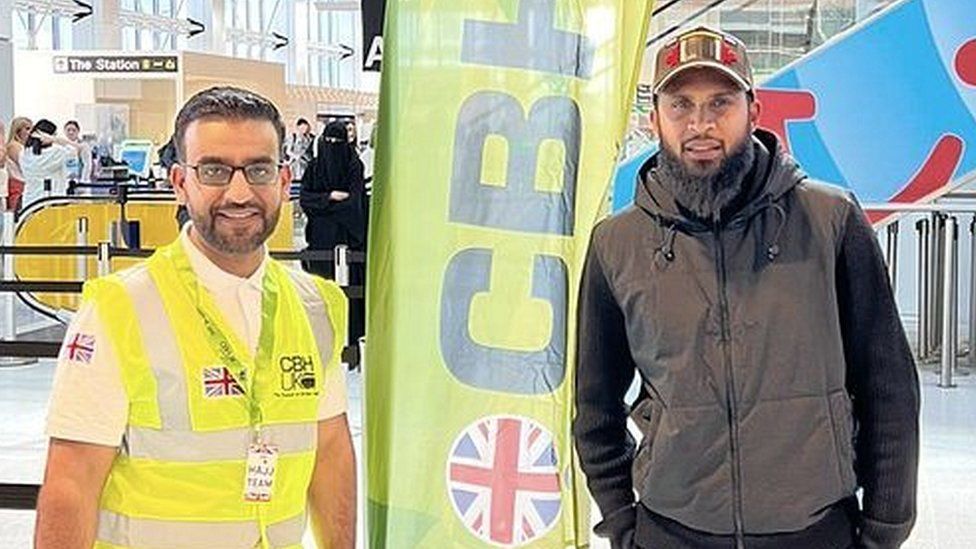 Rashid Mogradia and Adil Rashid at Manchester Airport before the Saudia flight