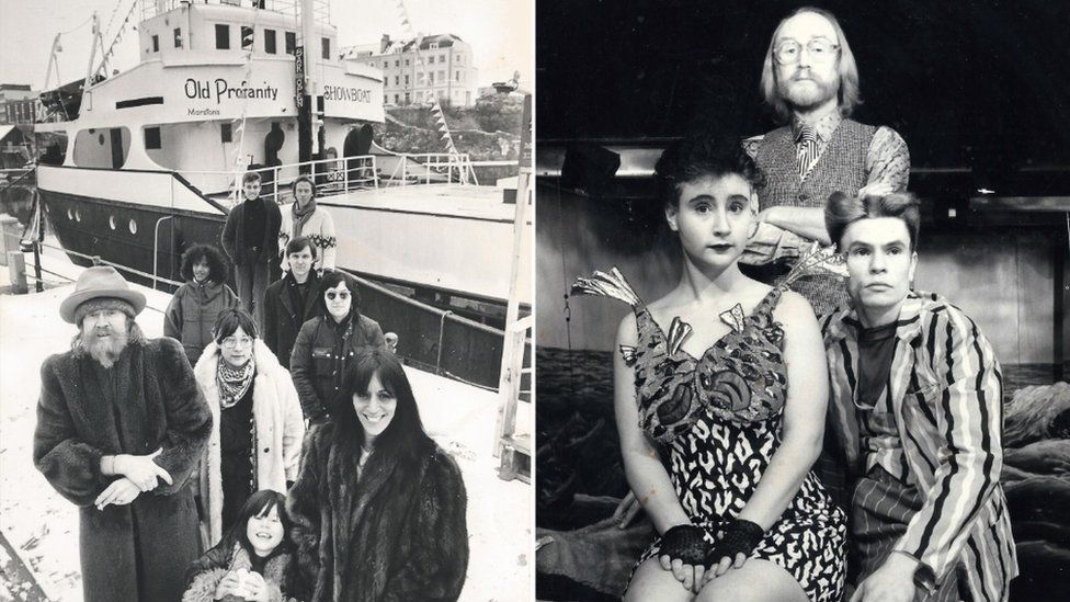 Two black and white photos - the family outside the boat and three performers