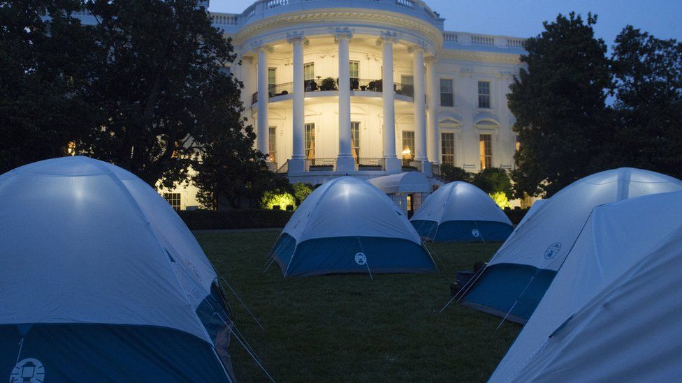 Tents for Girl Scouts to spend the night on the South Lawn of the White House in Washington, DC, June 30, 2015. Fifty Girl Scouts will spend the night on the White House lawn in camping tents as part of the 'Let's Move' campaign to fight childhood obesity and increase nutrition awareness.