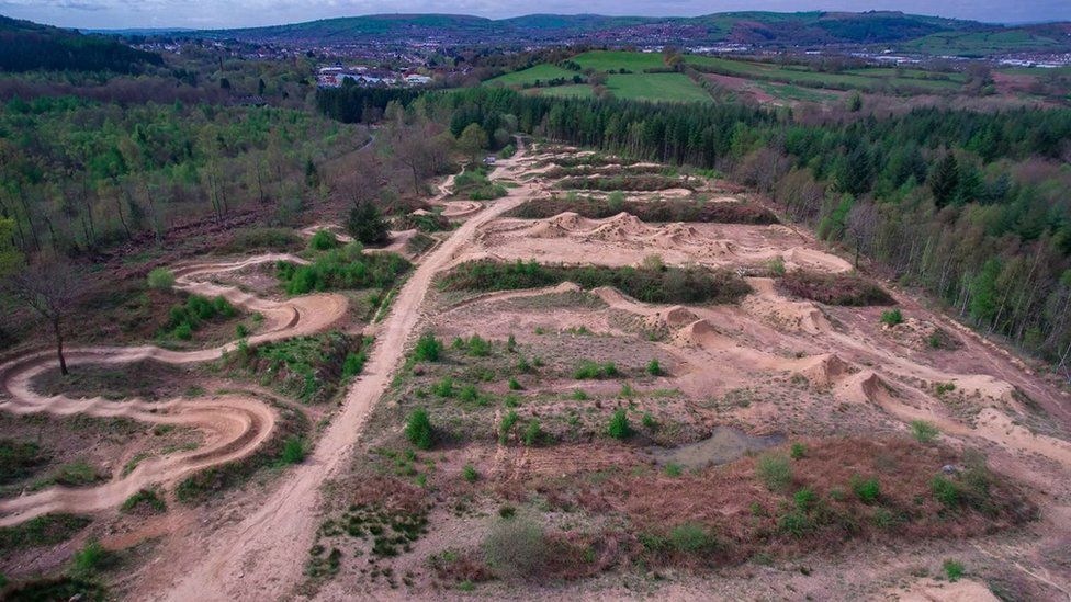 An aerial view of the Van Road BMX and Mountain Bike Trail in Caerphilly