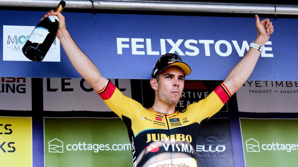 Wout van Aert of team Jumbo-Visma celebrates after winning stage five of the 2023 Tour of Britain, from Felixstowe to Felixstowe and becoming the overall leader